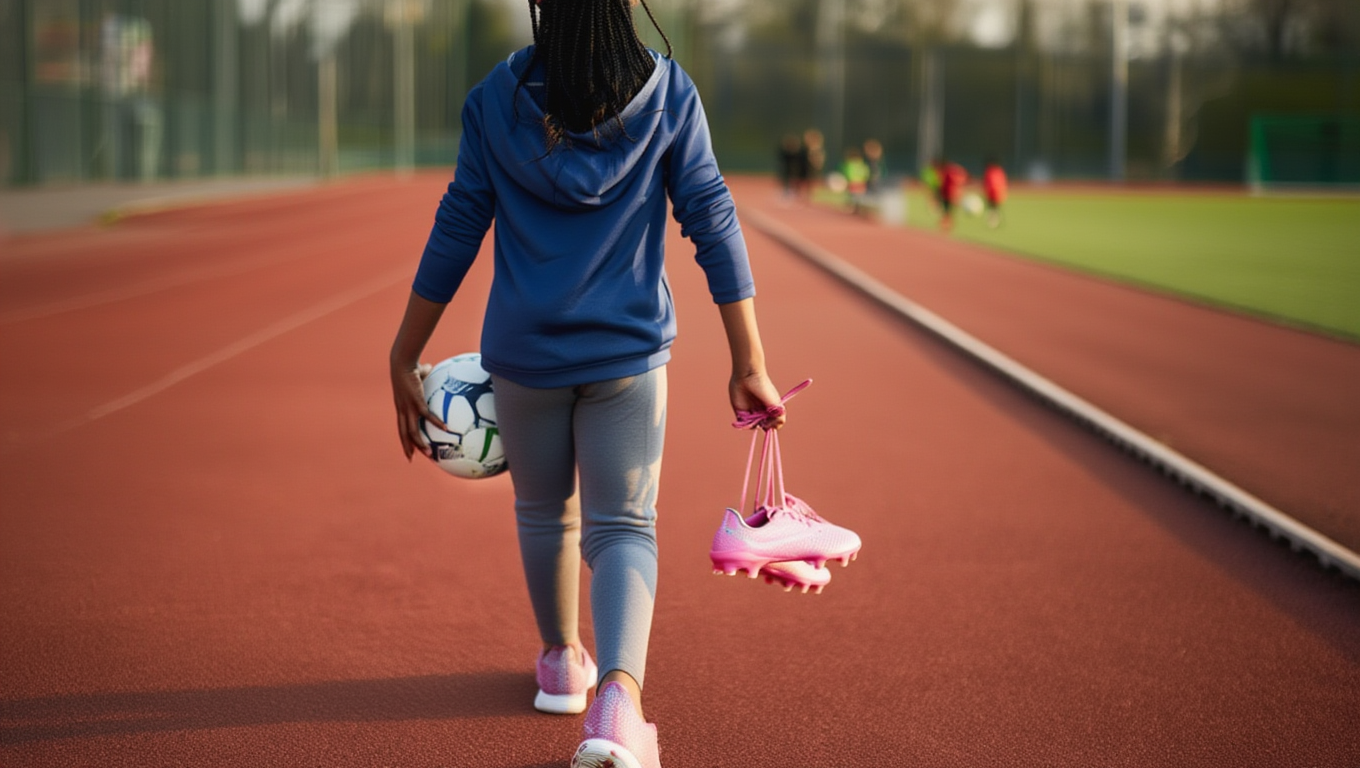 A young athlete walking away from the field while others continue playing behind her